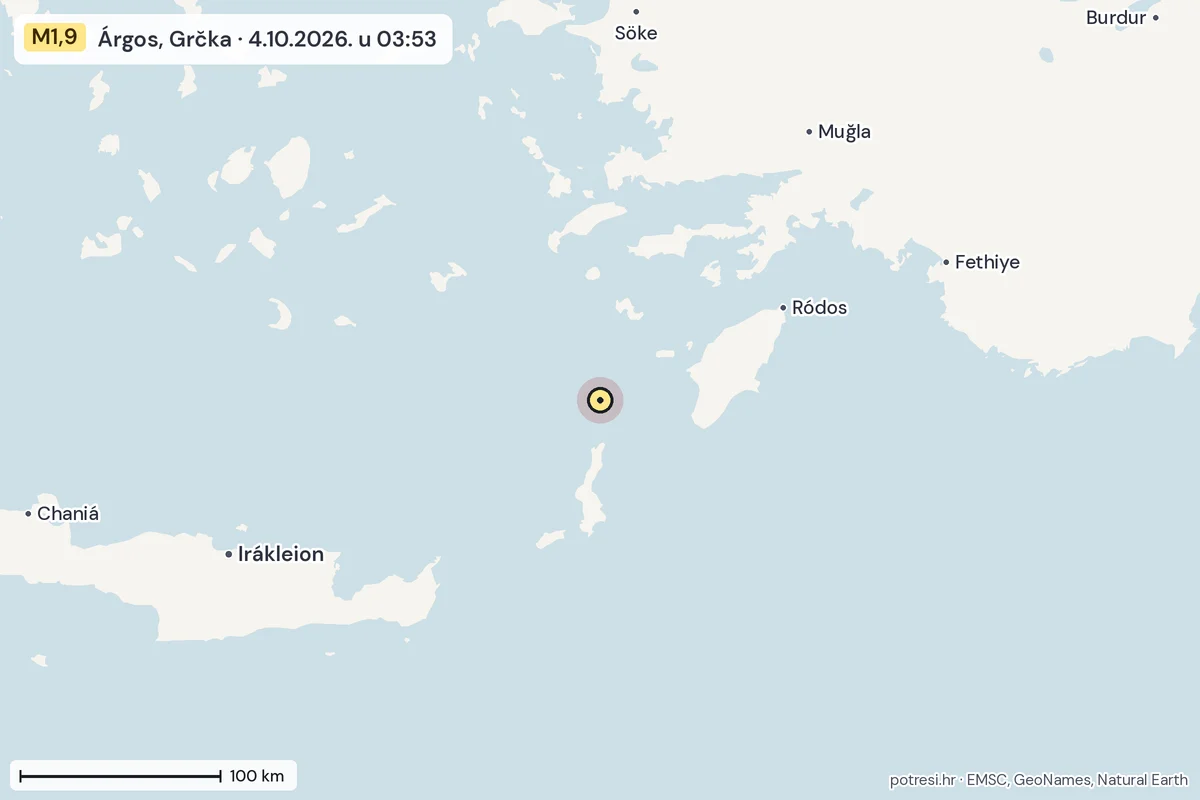Karta: šire područje, 600 km, potres M1,9, Árgos, Grčka, 4.10.2026.