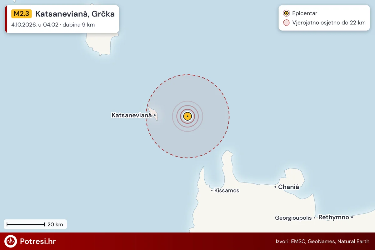 Karta: šire područje i vjerojatni doseg osjeta, potres M2,3, Katsanevianá, Grčka, 4.10.2026.