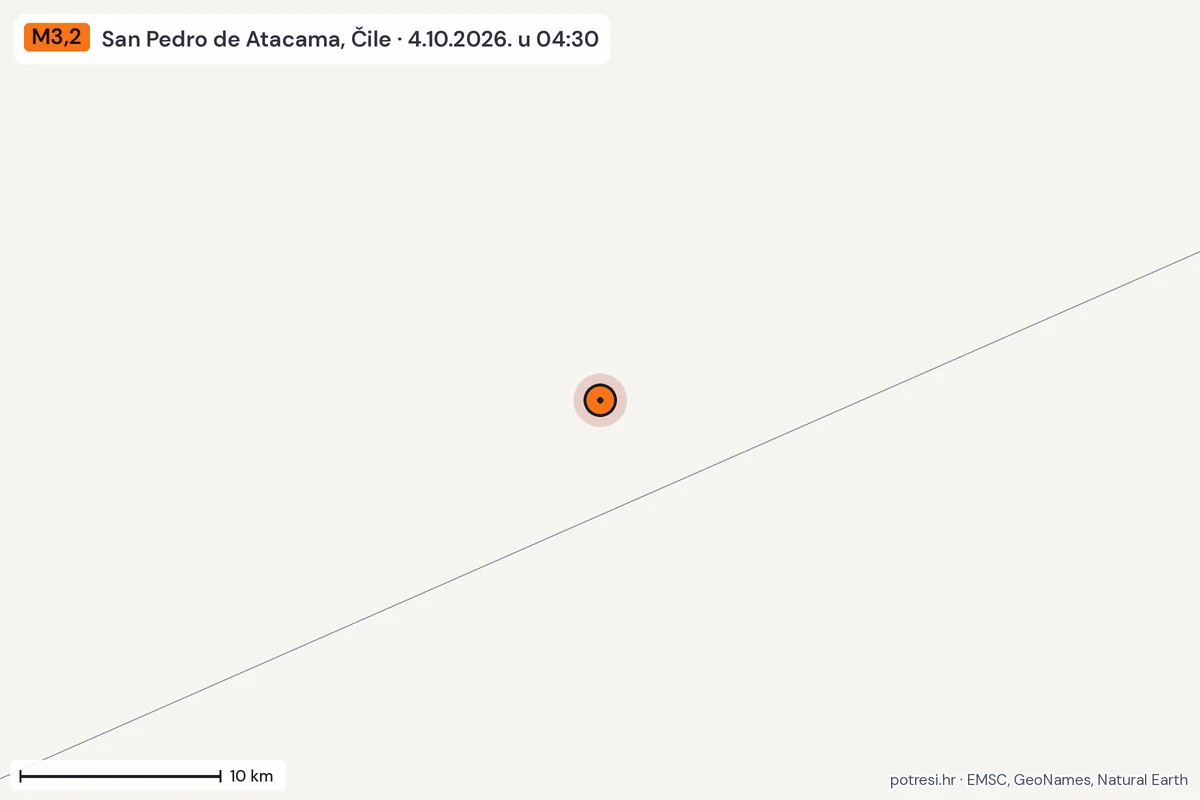 Karta: okolica epicentra, 60 km, potres M3,2, San Pedro de Atacama, Čile, 4.10.2026.