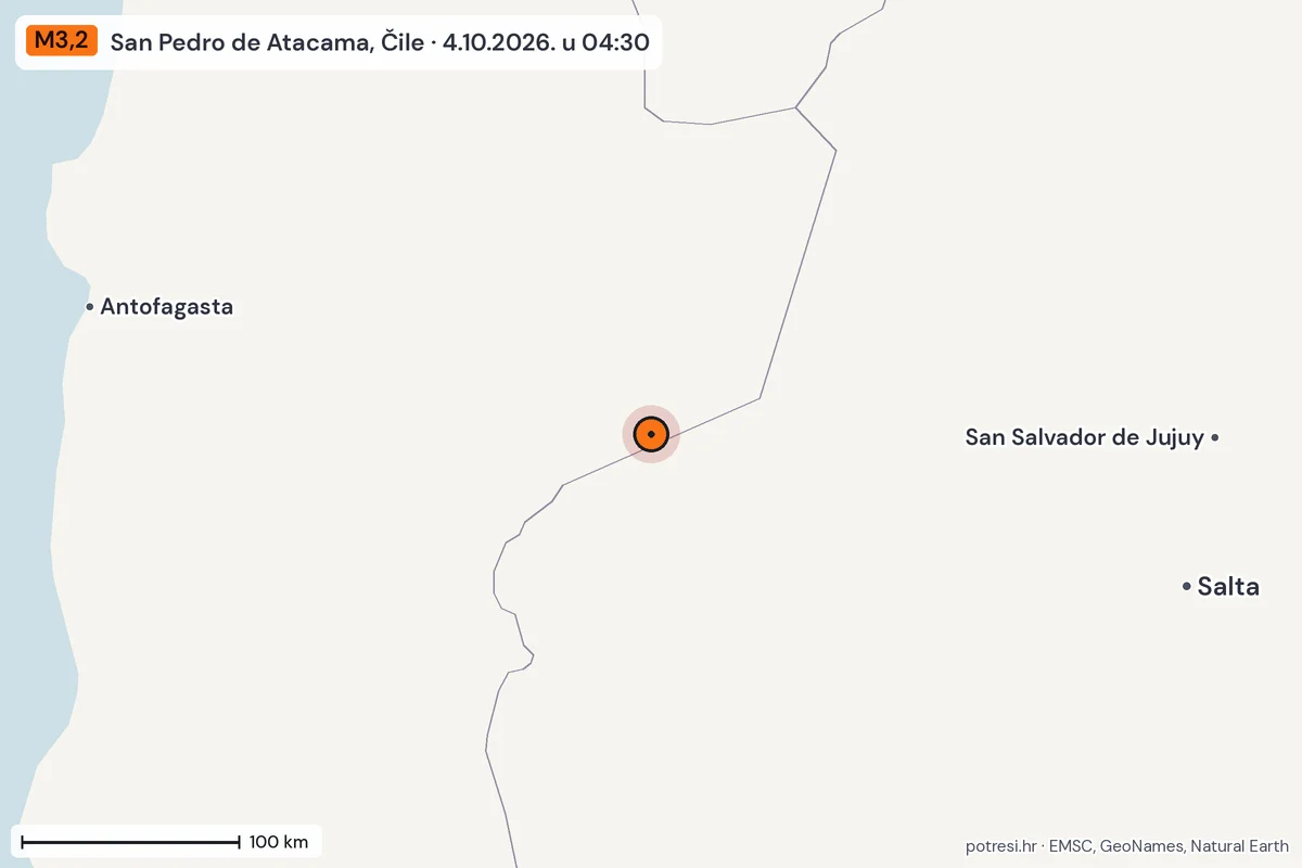 Karta: šire područje, 600 km, potres M3,2, San Pedro de Atacama, Čile, 4.10.2026.