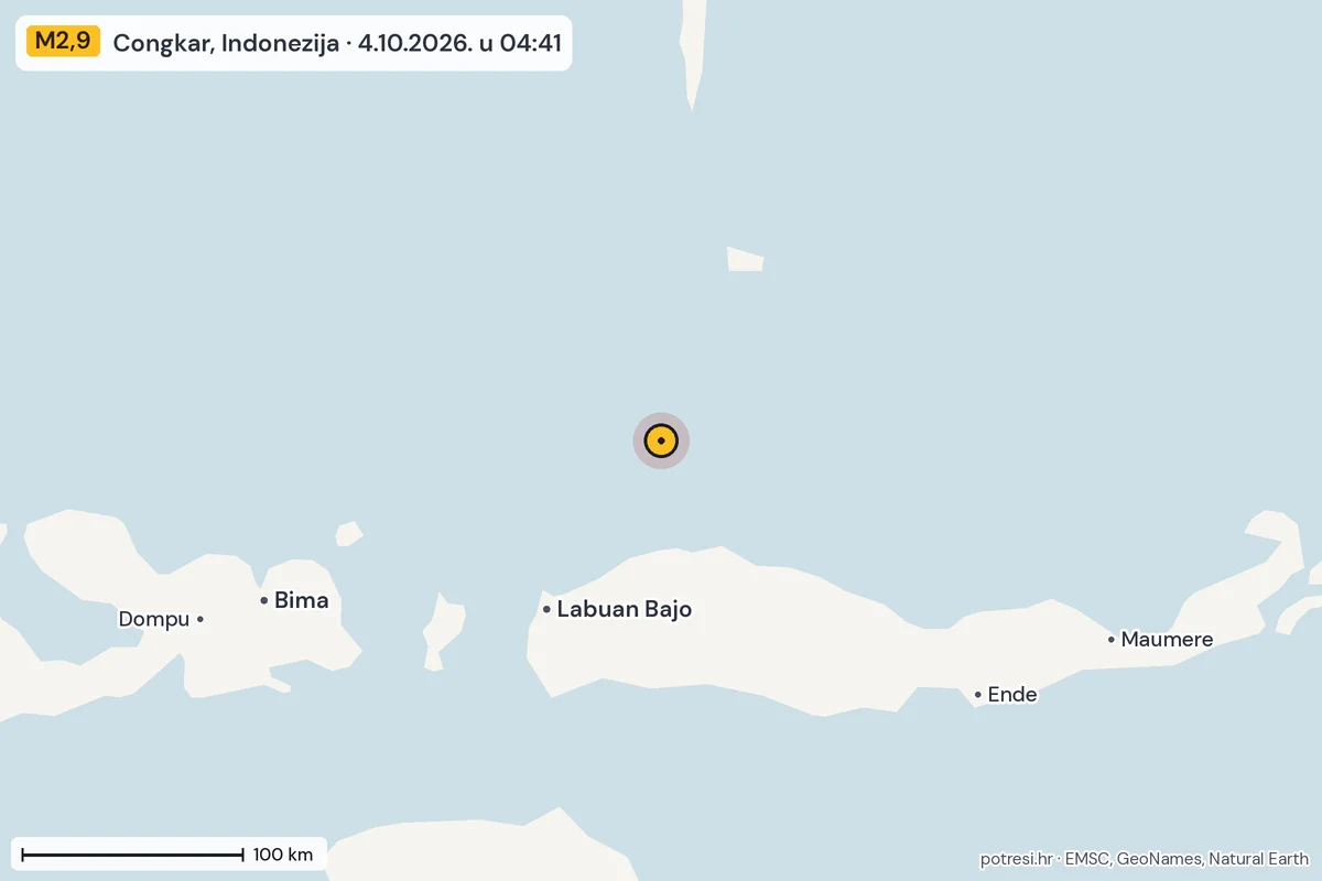 Karta: šire područje, 600 km, potres M2,9, Congkar, Indonezija, 4.10.2026.