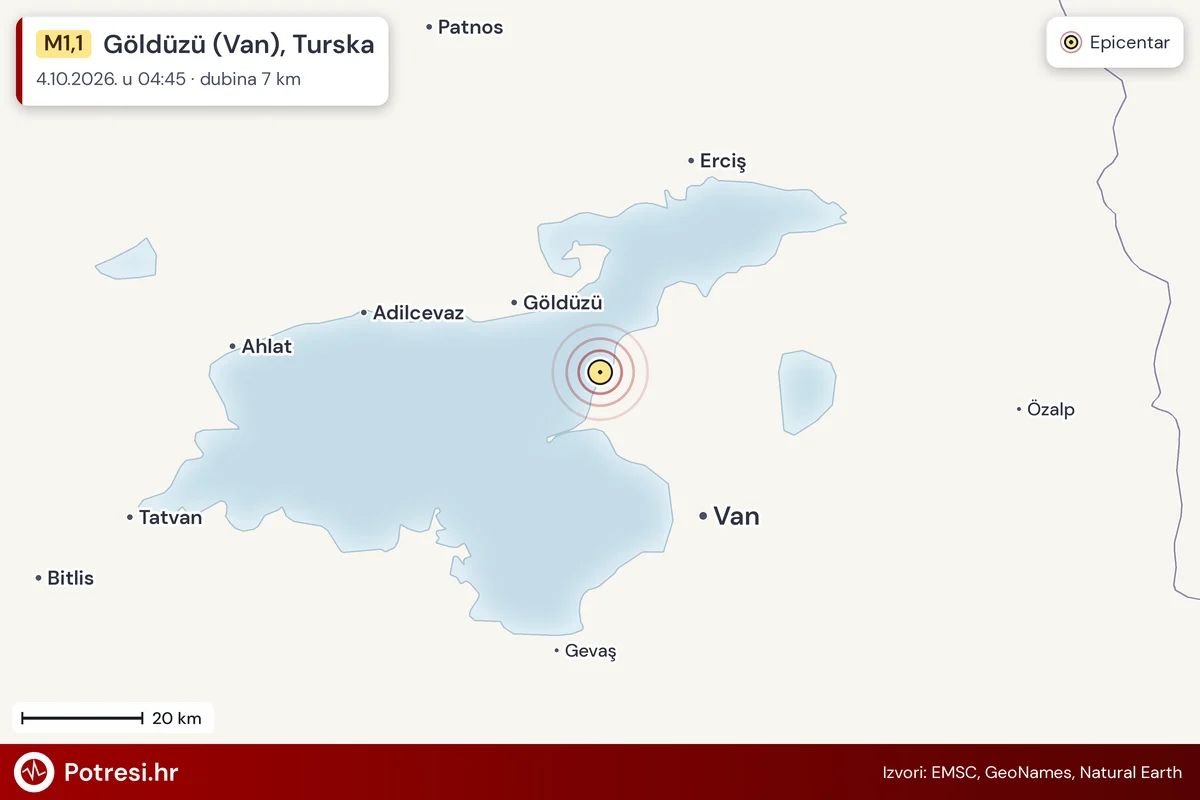 Karta: šire područje i vjerojatni doseg osjeta, potres M1,1, Göldüzü (Van), Turska, 4.10.2026.