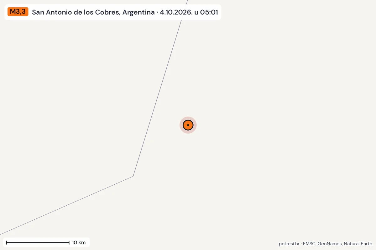 Karta: okolica epicentra, 60 km, potres M3,3, San Antonio de los Cobres, Argentina, 4.10.2026.