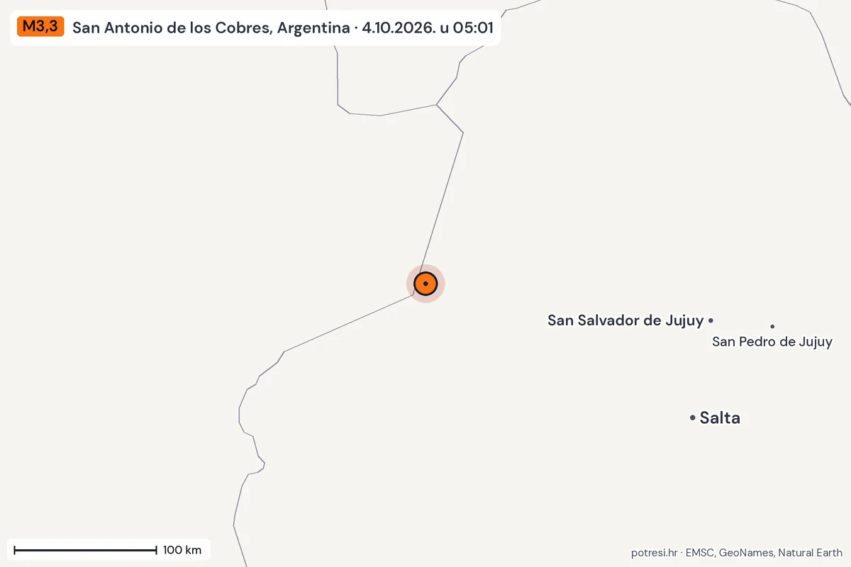 Karta: šire područje, 600 km, potres M3,3, San Antonio de los Cobres, Argentina, 4.10.2026.