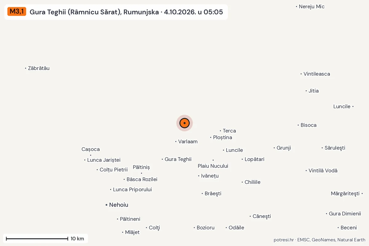 Karta: okolica epicentra, 60 km, potres M3,1, Gura Teghii (Râmnicu Sărat), Rumunjska, 4.10.2026.