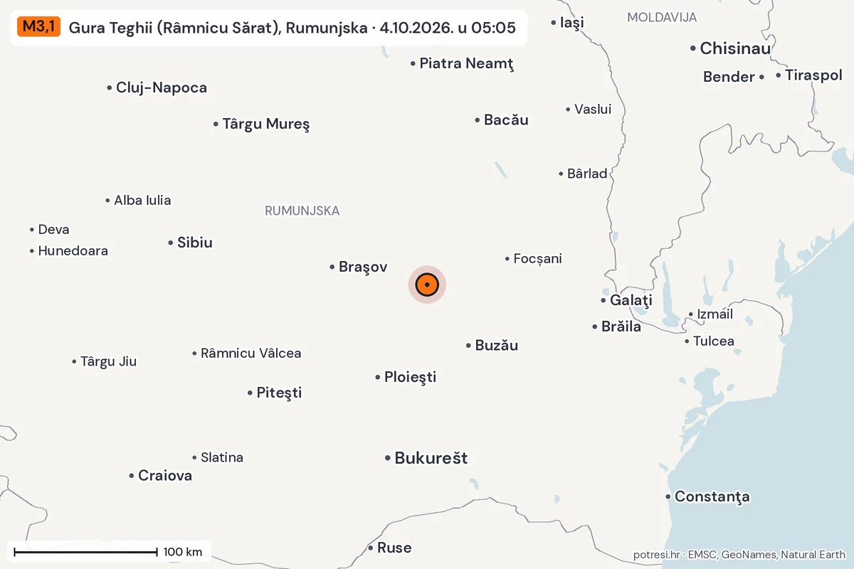 Karta: šire područje, 600 km, potres M3,1, Gura Teghii (Râmnicu Sărat), Rumunjska, 4.10.2026.