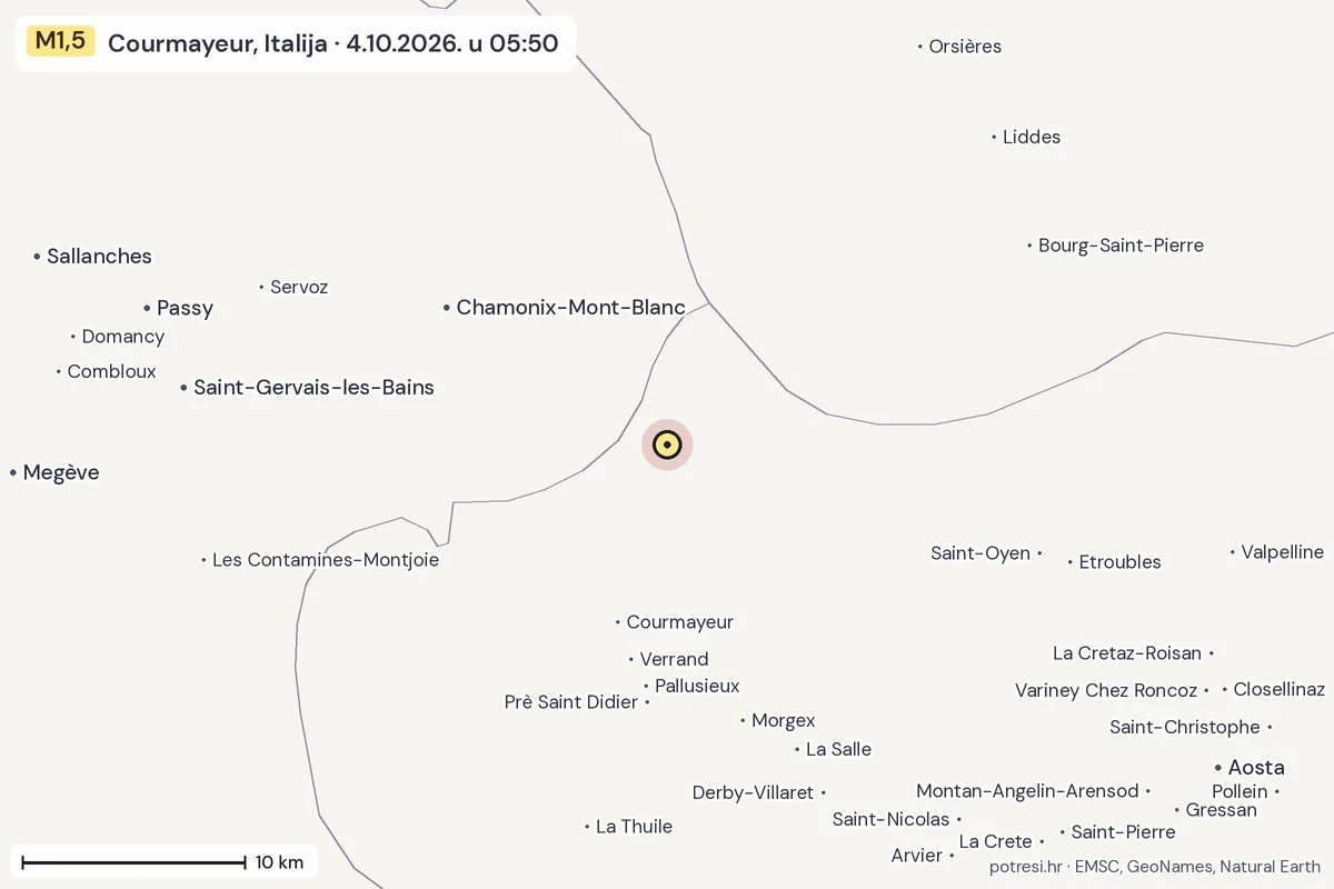 Karta: okolica epicentra, 60 km, potres M1,5, Courmayeur, Italija, 4.10.2026.