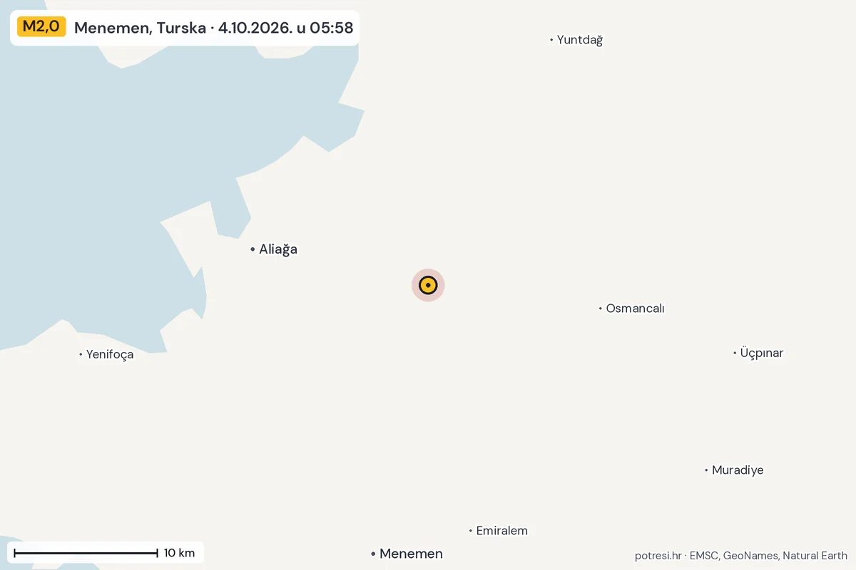 Karta: okolica epicentra, 60 km, potres M2,0, Menemen, Turska, 4.10.2026.