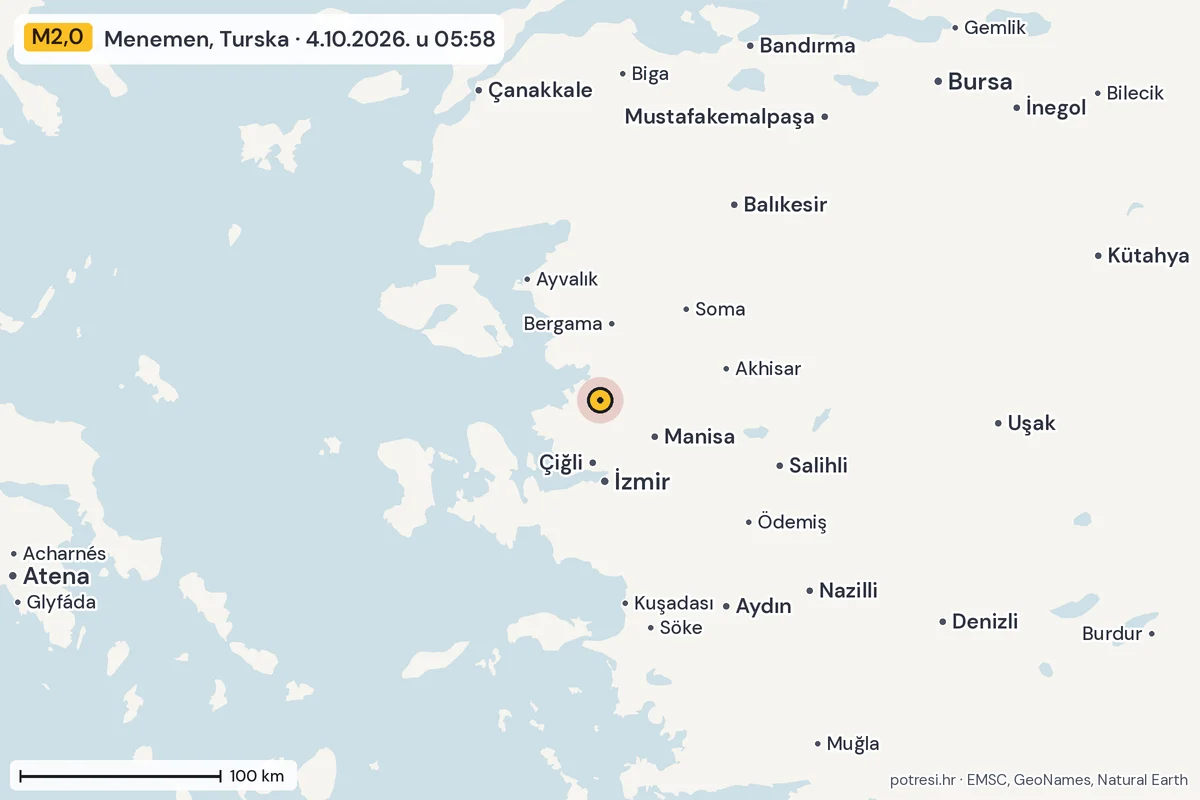 Karta: šire područje, 600 km, potres M2,0, Menemen, Turska, 4.10.2026.