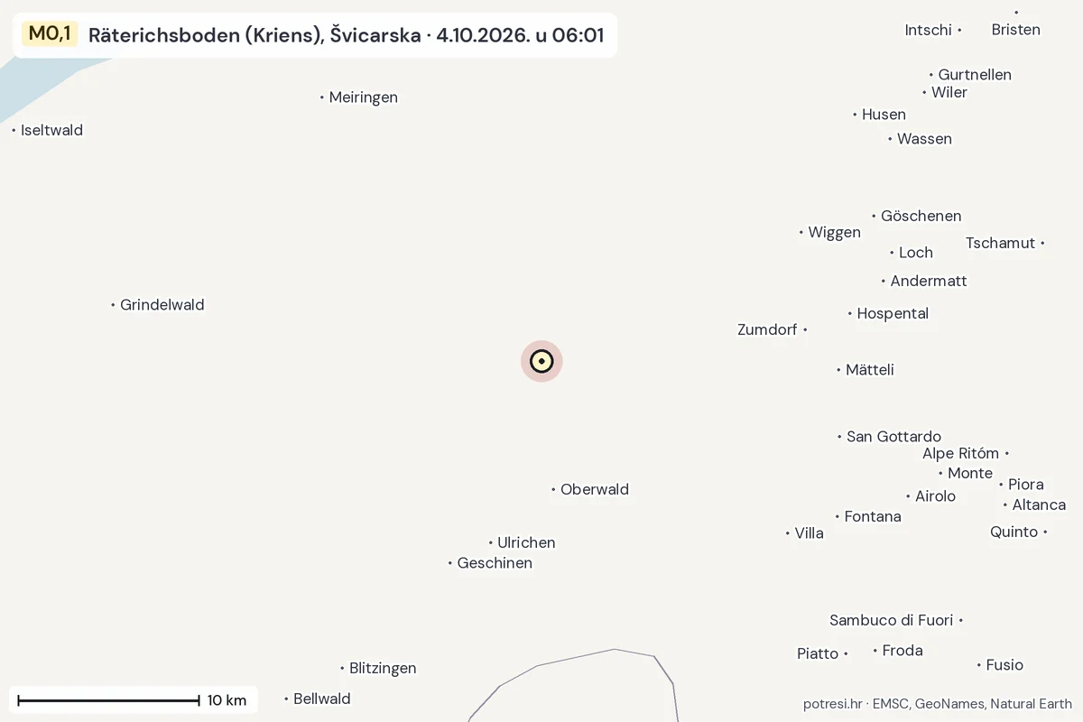Karta: okolica epicentra, 60 km, potres M0,1, Räterichsboden (Kriens), Švicarska, 4.10.2026.