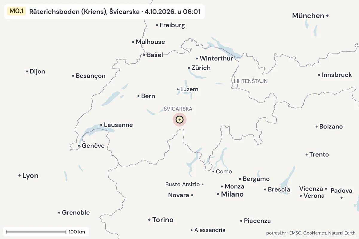 Karta: šire područje, 600 km, potres M0,1, Räterichsboden (Kriens), Švicarska, 4.10.2026.