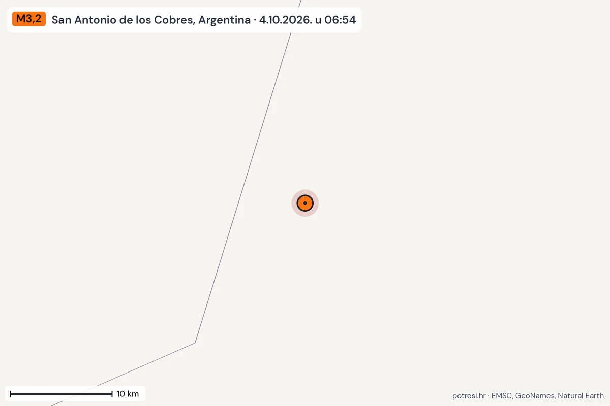 Karta: okolica epicentra, 60 km, potres M3,2, San Antonio de los Cobres, Argentina, 4.10.2026.