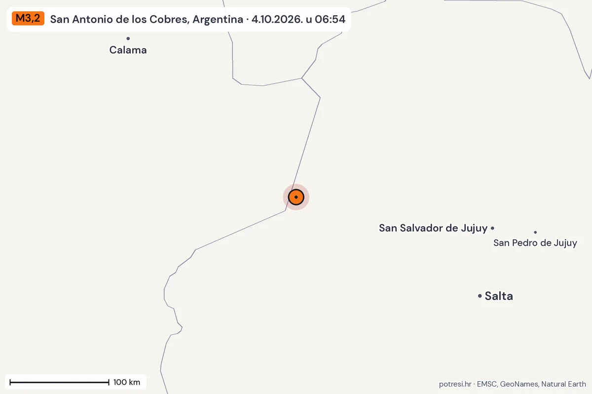 Karta: šire područje, 600 km, potres M3,2, San Antonio de los Cobres, Argentina, 4.10.2026.