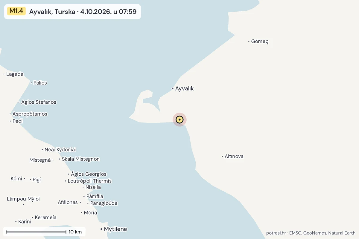 Karta: okolica epicentra, 60 km, potres M1,4, Ayvalık, Turska, 4.10.2026.