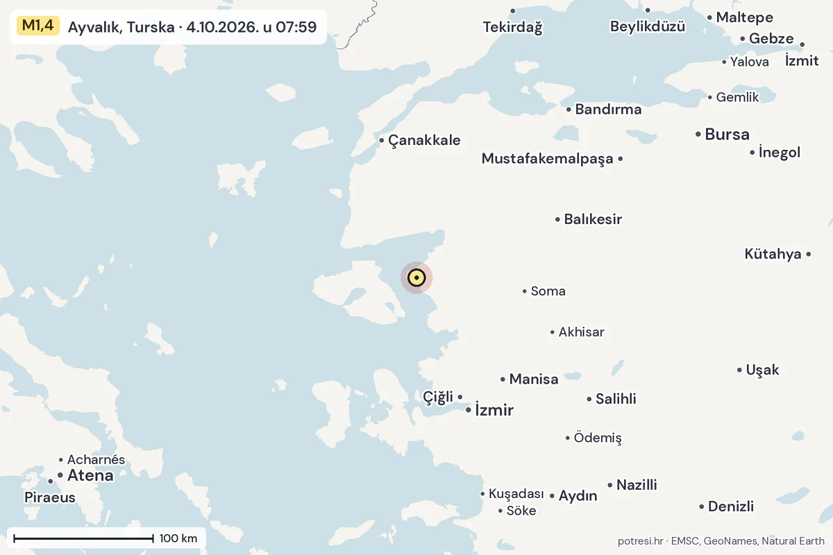 Karta: šire područje, 600 km, potres M1,4, Ayvalık, Turska, 4.10.2026.