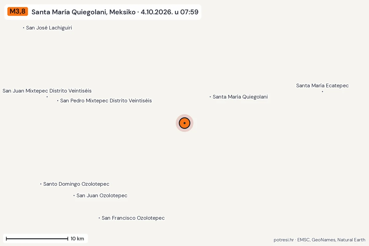 Karta: okolica epicentra, 60 km, potres M3,8, Santa María Quiegolani, Meksiko, 4.10.2026.