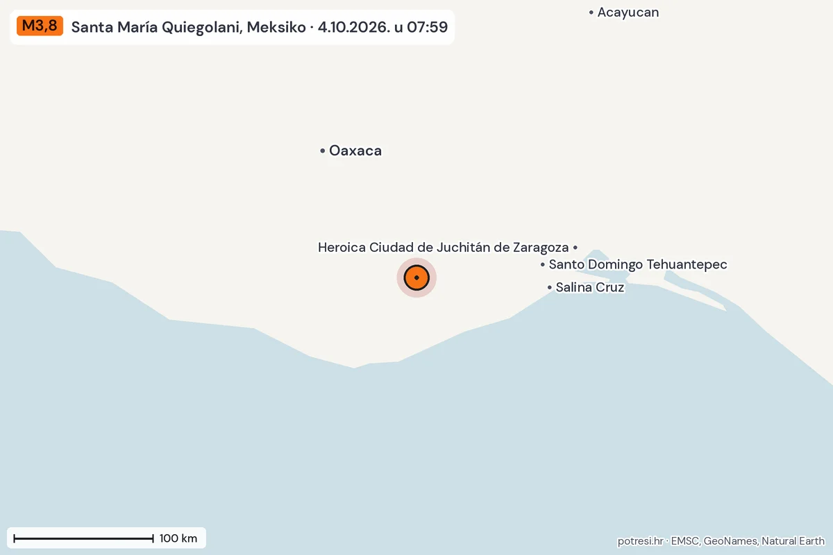 Karta: šire područje, 600 km, potres M3,8, Santa María Quiegolani, Meksiko, 4.10.2026.
