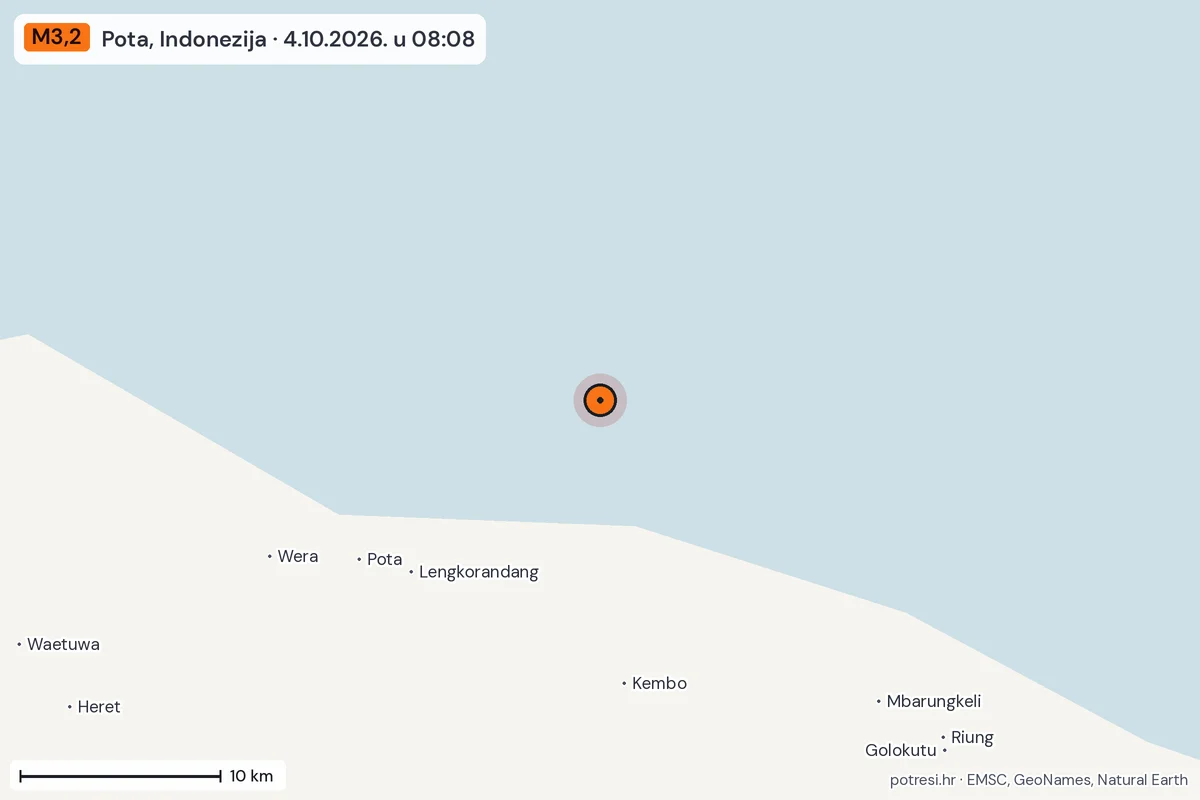 Karta: okolica epicentra, 60 km, potres M3,2, Pota, Indonezija, 4.10.2026.