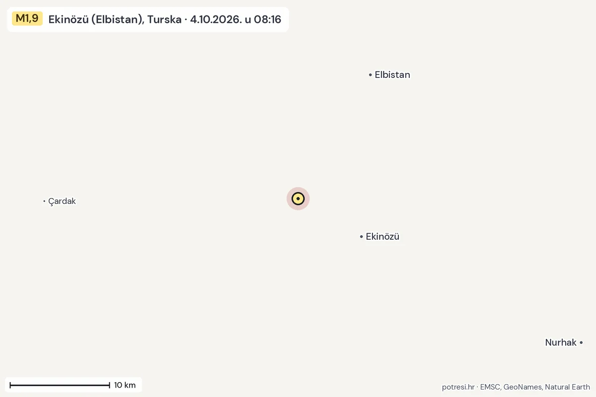 Karta: okolica epicentra, 60 km, potres M1,9, Ekinözü (Elbistan), Turska, 4.10.2026.