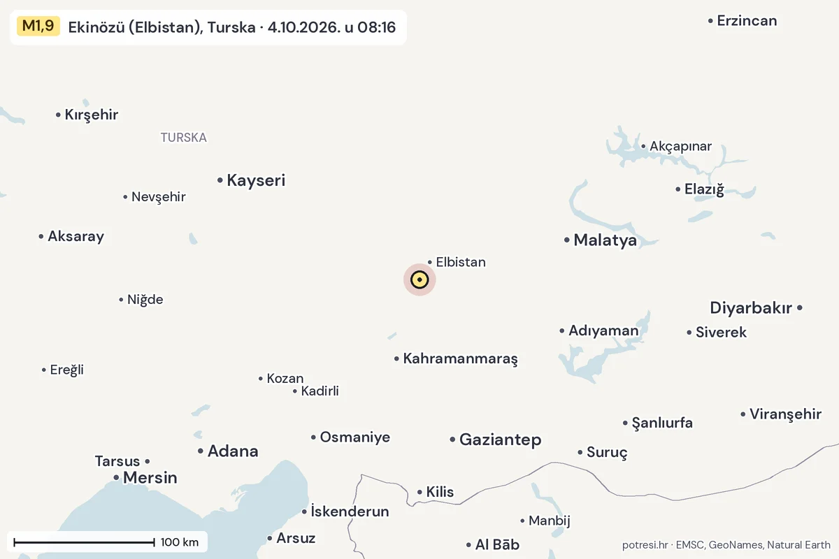 Karta: šire područje, 600 km, potres M1,9, Ekinözü (Elbistan), Turska, 4.10.2026.