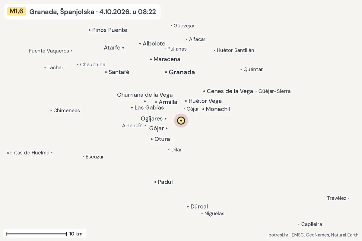 Karta: okolica epicentra, 60 km, potres M1,6, Granada, Španjolska, 4.10.2026.