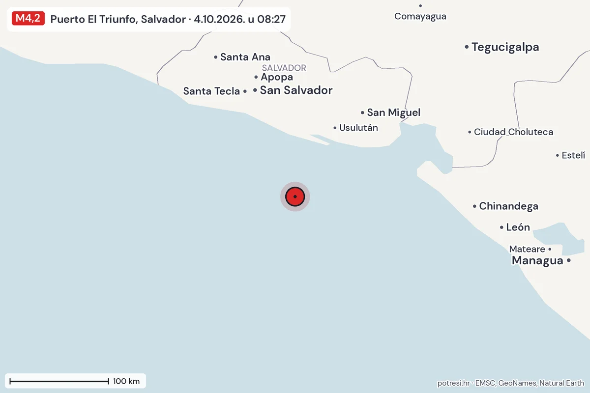 Karta: šire područje, 600 km, potres M4,2, Puerto El Triunfo, Salvador, 4.10.2026.