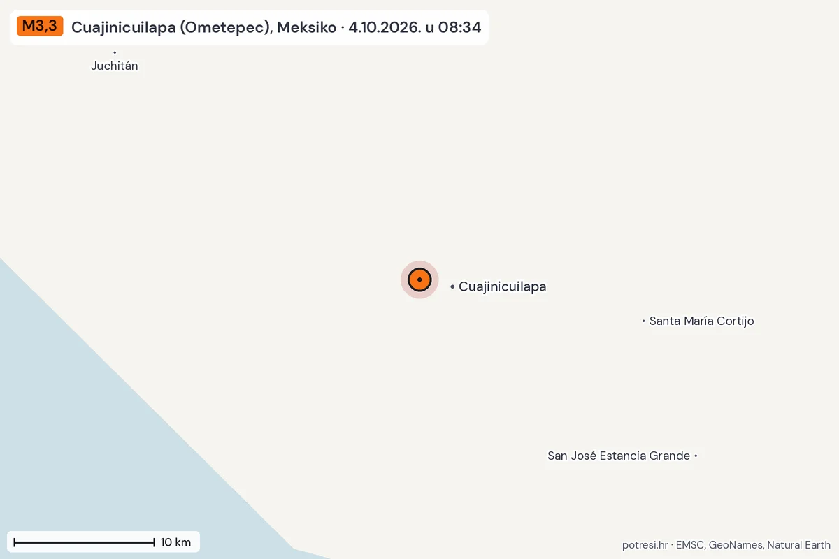 Karta: okolica epicentra, 60 km, potres M3,3, Cuajinicuilapa (Ometepec), Meksiko, 4.10.2026.