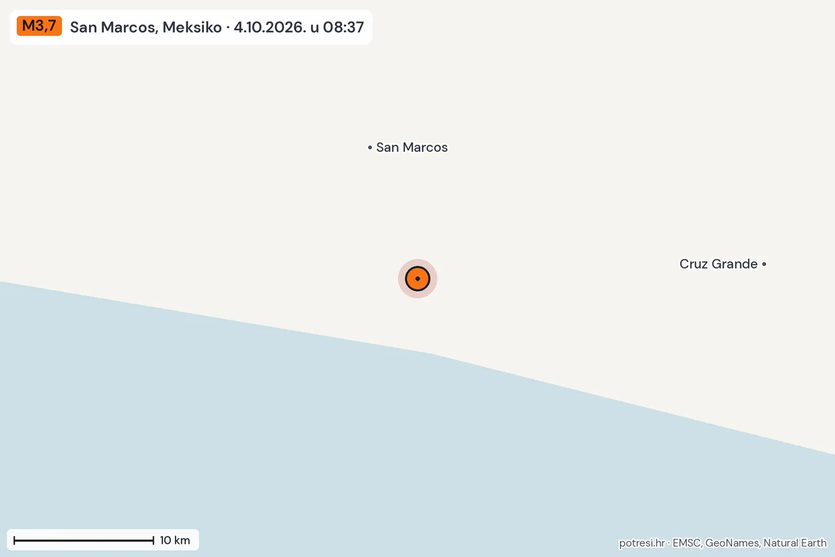Karta: okolica epicentra, 60 km, potres M3,7, San Marcos, Meksiko, 4.10.2026.
