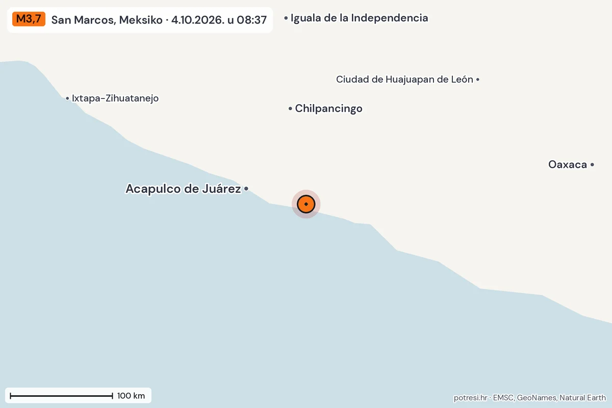 Karta: šire područje, 600 km, potres M3,7, San Marcos, Meksiko, 4.10.2026.