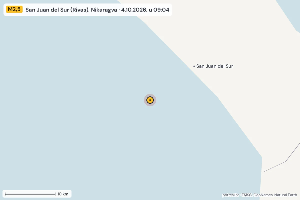 Karta: okolica epicentra, 60 km, potres M2,5, San Juan del Sur (Rivas), Nikaragva, 4.10.2026.