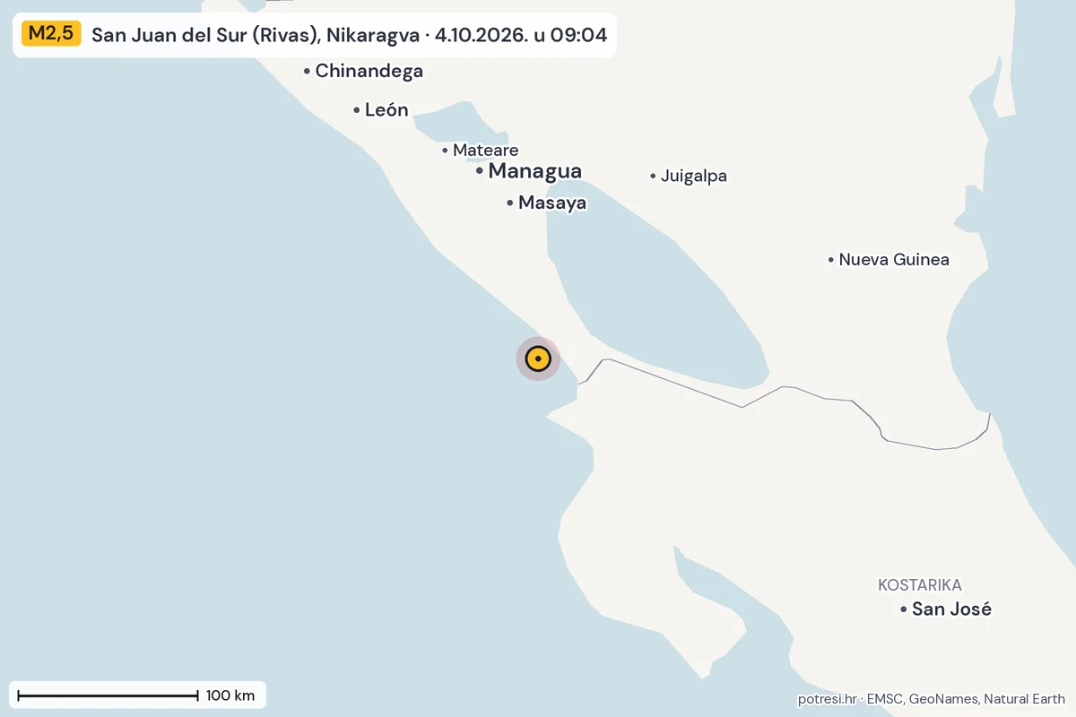 Karta: šire područje, 600 km, potres M2,5, San Juan del Sur (Rivas), Nikaragva, 4.10.2026.