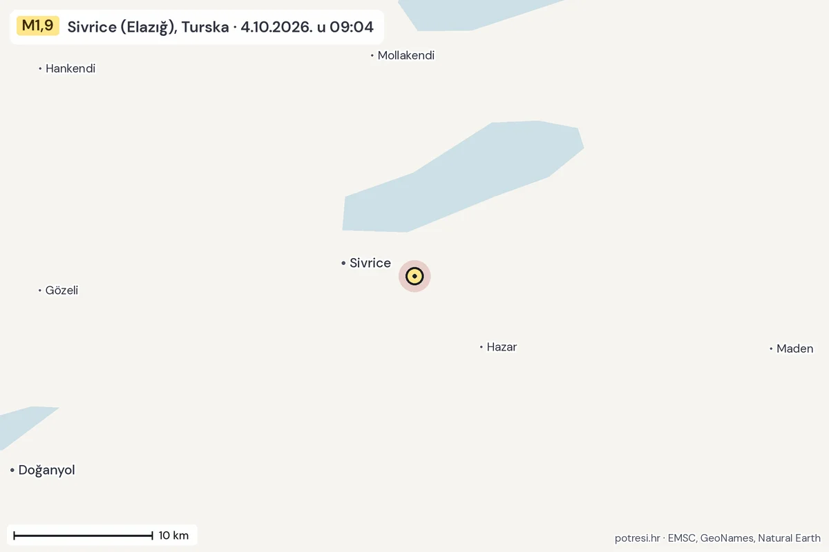 Karta: okolica epicentra, 60 km, potres M1,9, Sivrice (Elazığ), Turska, 4.10.2026.