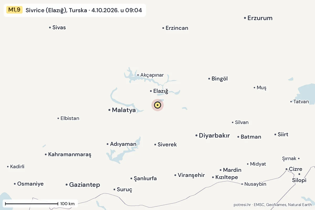 Karta: šire područje, 600 km, potres M1,9, Sivrice (Elazığ), Turska, 4.10.2026.