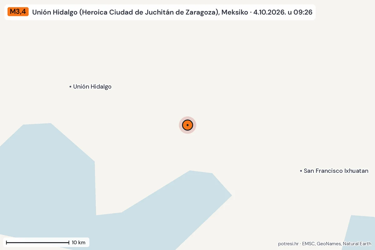 Karta: okolica epicentra, 60 km, potres M3,4, Unión Hidalgo (Heroica Ciudad de Juchitán de Zaragoza), Meksiko, 4.10.2026.
