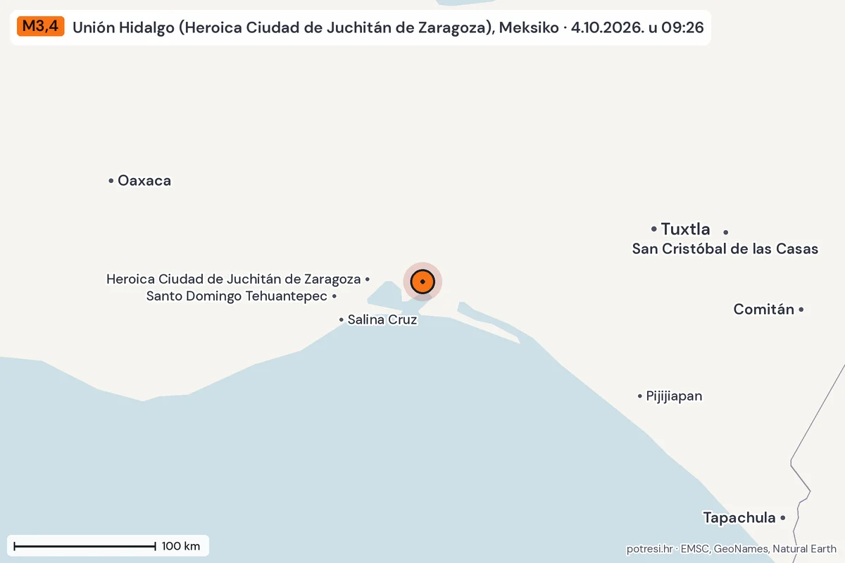 Karta: šire područje, 600 km, potres M3,4, Unión Hidalgo (Heroica Ciudad de Juchitán de Zaragoza), Meksiko, 4.10.2026.