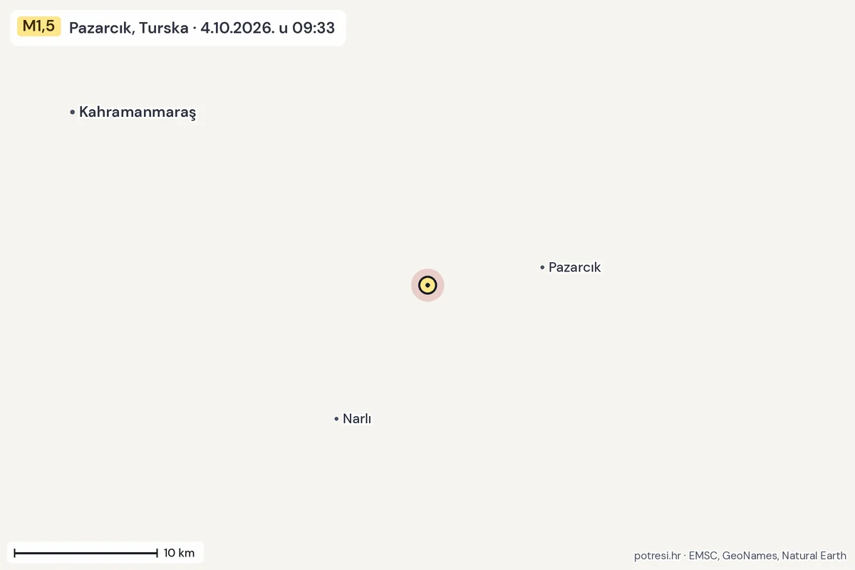 Karta: okolica epicentra, 60 km, potres M1,5, Pazarcık, Turska, 4.10.2026.