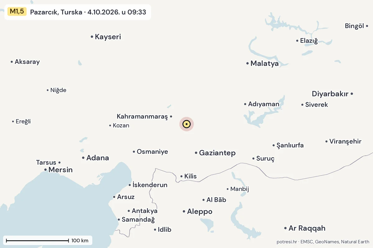 Karta: šire područje, 600 km, potres M1,5, Pazarcık, Turska, 4.10.2026.