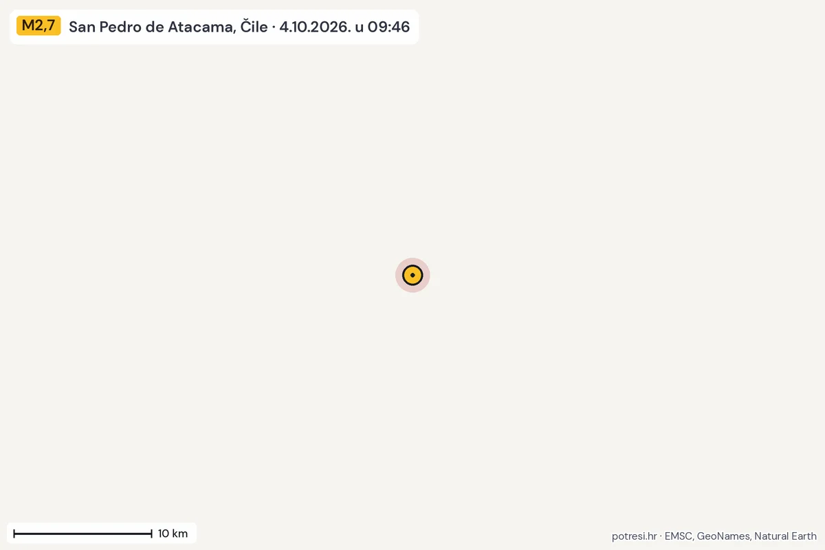 Karta: okolica epicentra, 60 km, potres M2,7, San Pedro de Atacama, Čile, 4.10.2026.