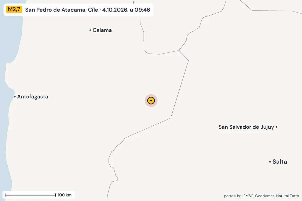Karta: šire područje, 600 km, potres M2,7, San Pedro de Atacama, Čile, 4.10.2026.