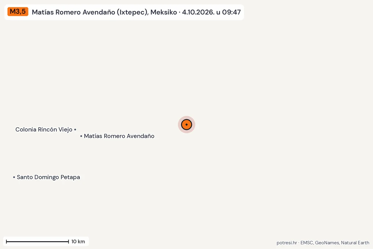 Karta: okolica epicentra, 60 km, potres M3,5, Matías Romero Avendaño (Ixtepec), Meksiko, 4.10.2026.