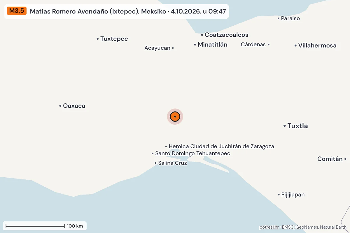 Karta: šire područje, 600 km, potres M3,5, Matías Romero Avendaño (Ixtepec), Meksiko, 4.10.2026.