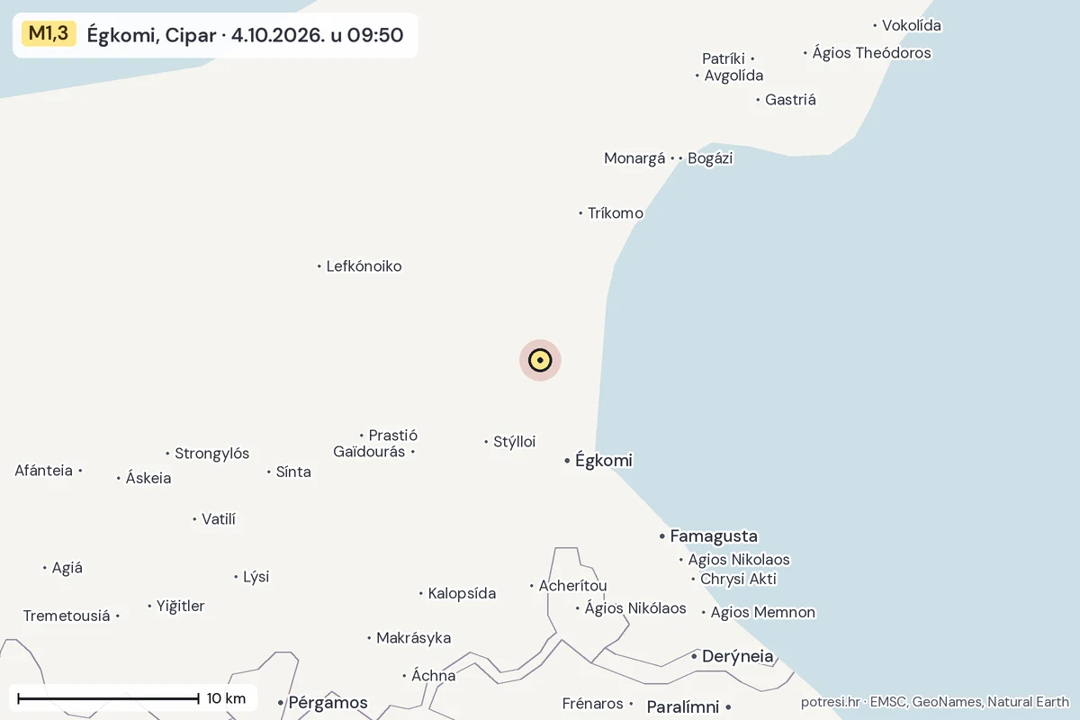 Karta: okolica epicentra, 60 km, potres M1,3, Égkomi, Cipar, 4.10.2026.