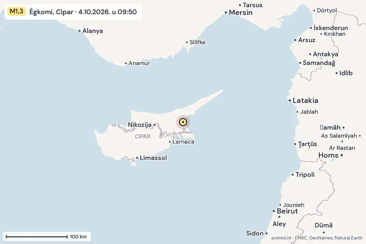 Karta: šire područje, 600 km, potres M1,3, Égkomi, Cipar, 4.10.2026.