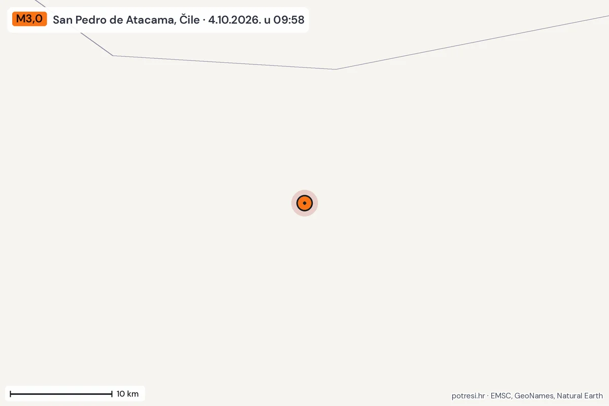 Karta: okolica epicentra, 60 km, potres M3,0, San Pedro de Atacama, Čile, 4.10.2026.