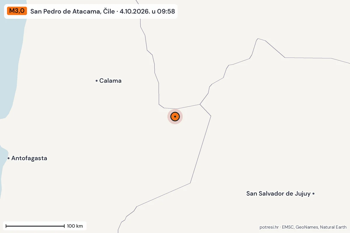 Karta: šire područje, 600 km, potres M3,0, San Pedro de Atacama, Čile, 4.10.2026.