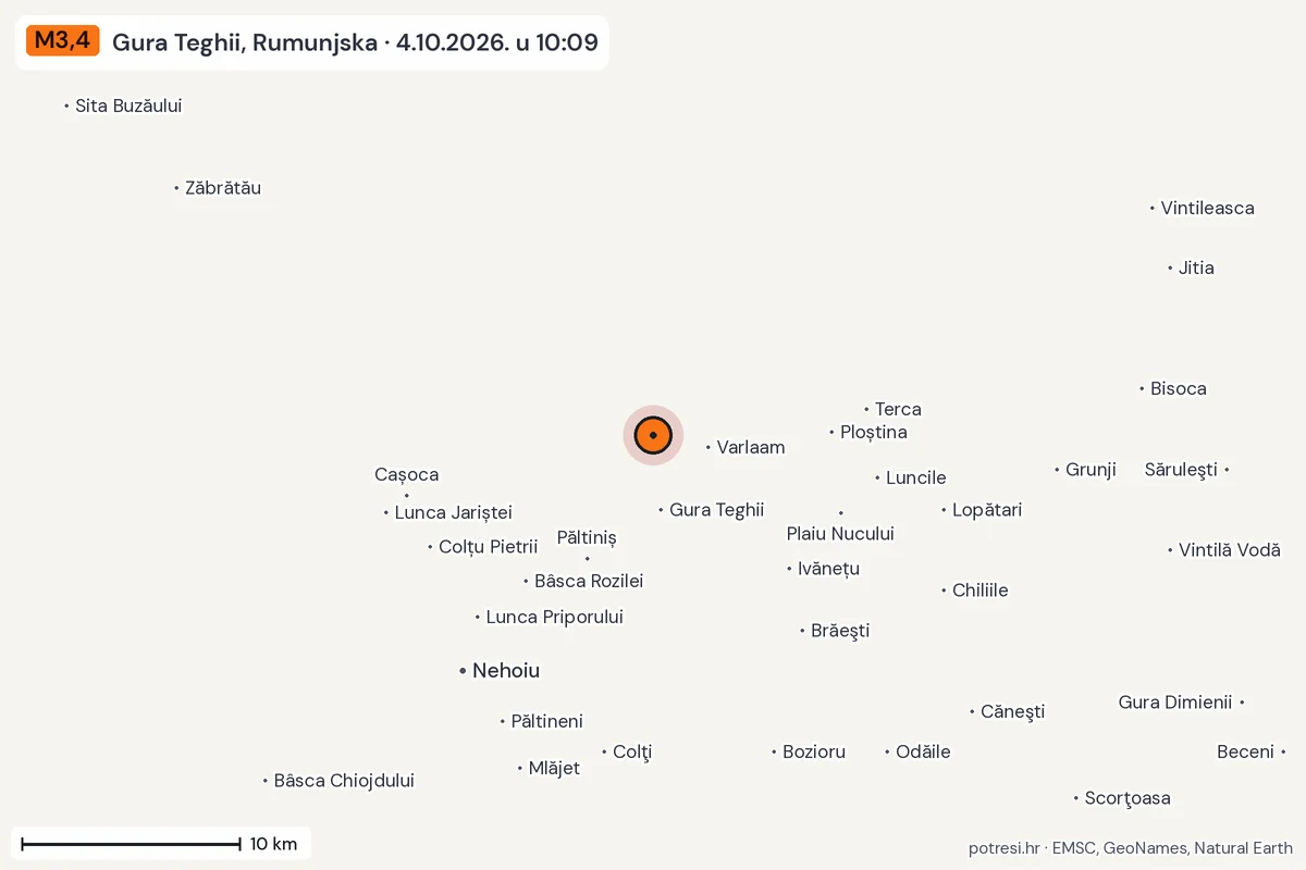 Karta: okolica epicentra, 60 km, potres M3,4, Gura Teghii, Rumunjska, 4.10.2026.