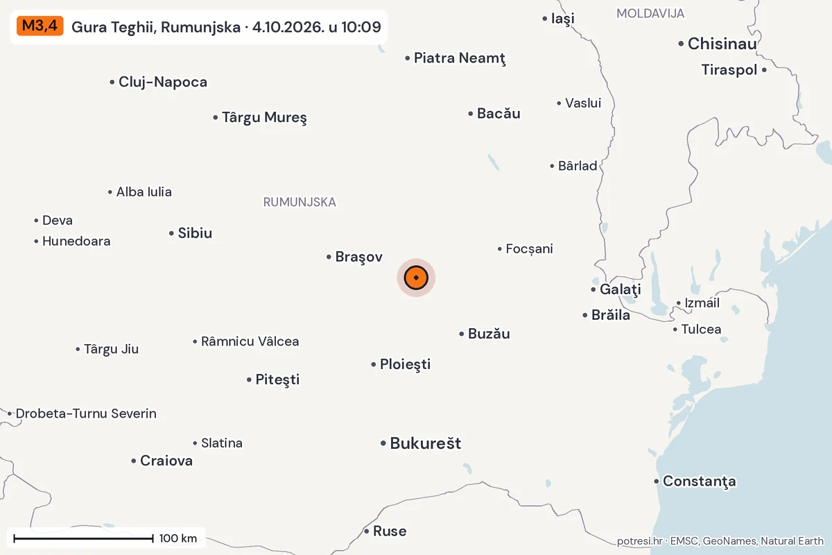 Karta: šire područje, 600 km, potres M3,4, Gura Teghii, Rumunjska, 4.10.2026.