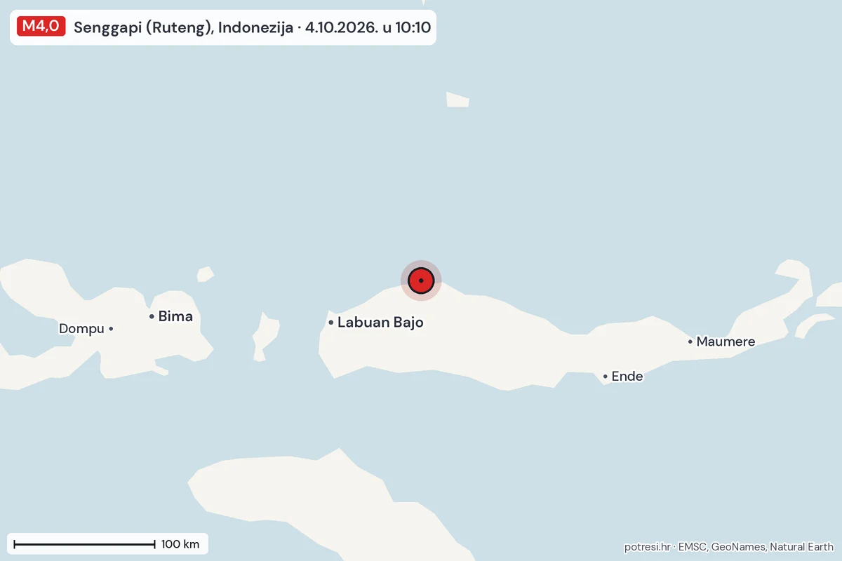 Karta: šire područje, 600 km, potres M4,0, Senggapi (Ruteng), Indonezija, 4.10.2026.