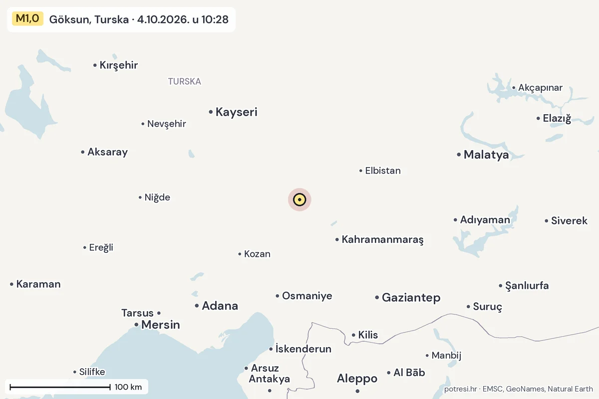 Karta: šire područje, 600 km, potres M1,0, Göksun, Turska, 4.10.2026.