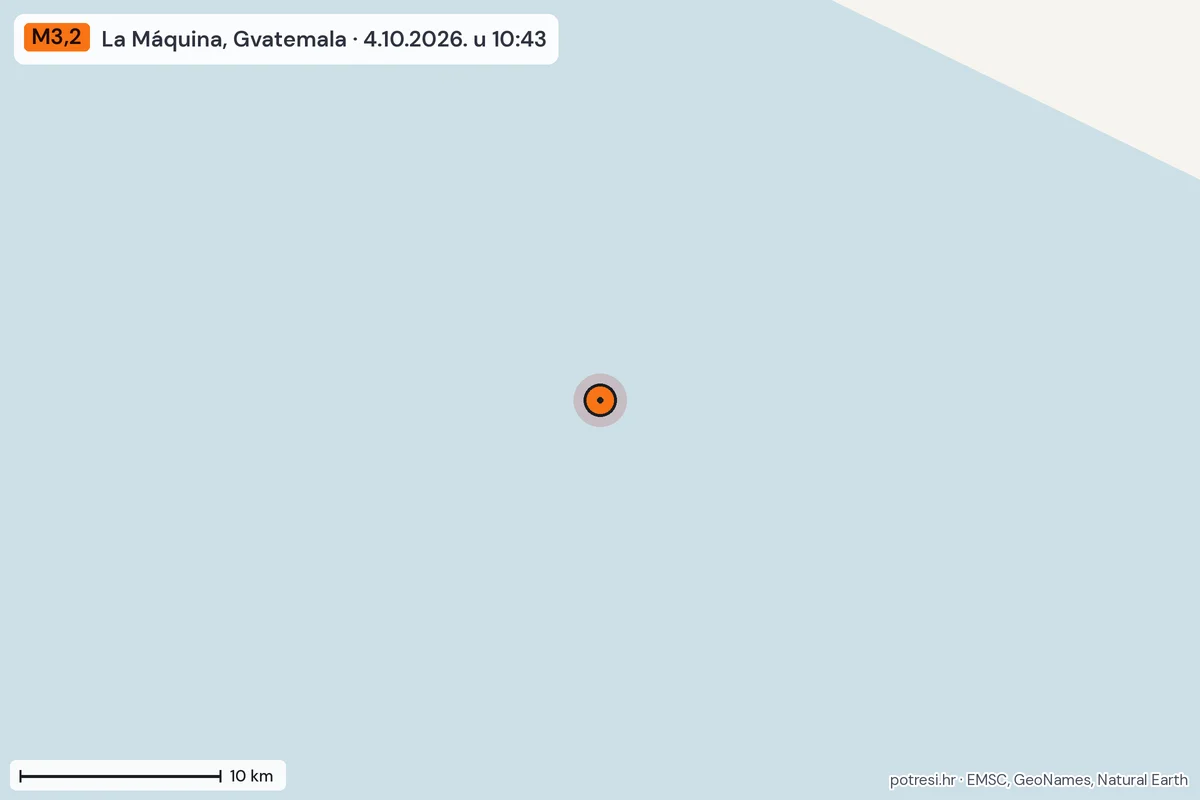 Karta: okolica epicentra, 60 km, potres M3,2, La Máquina, Gvatemala, 4.10.2026.